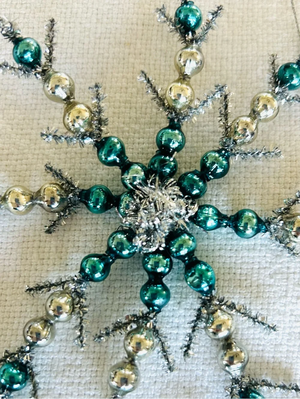 3 Vintage repurposed holiday Christmas glass garland bead snow flake ornaments